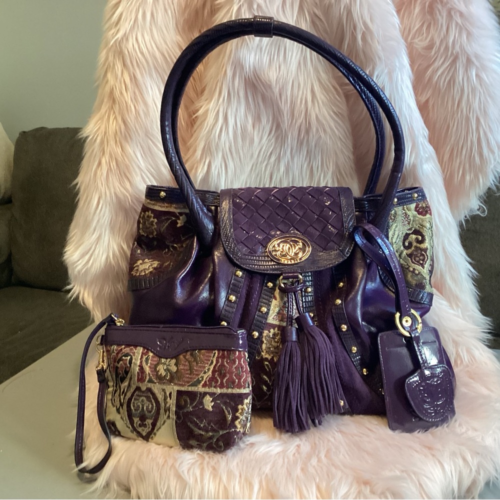 Sharif 3 piece Purple Leather Shoulder Bag with wristlet and luggage tag